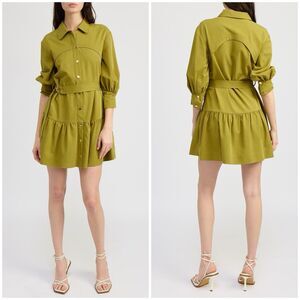 En Saison Green Carter Babydoll Mini Dress Puff Sleeves Tiered Hem Size Large